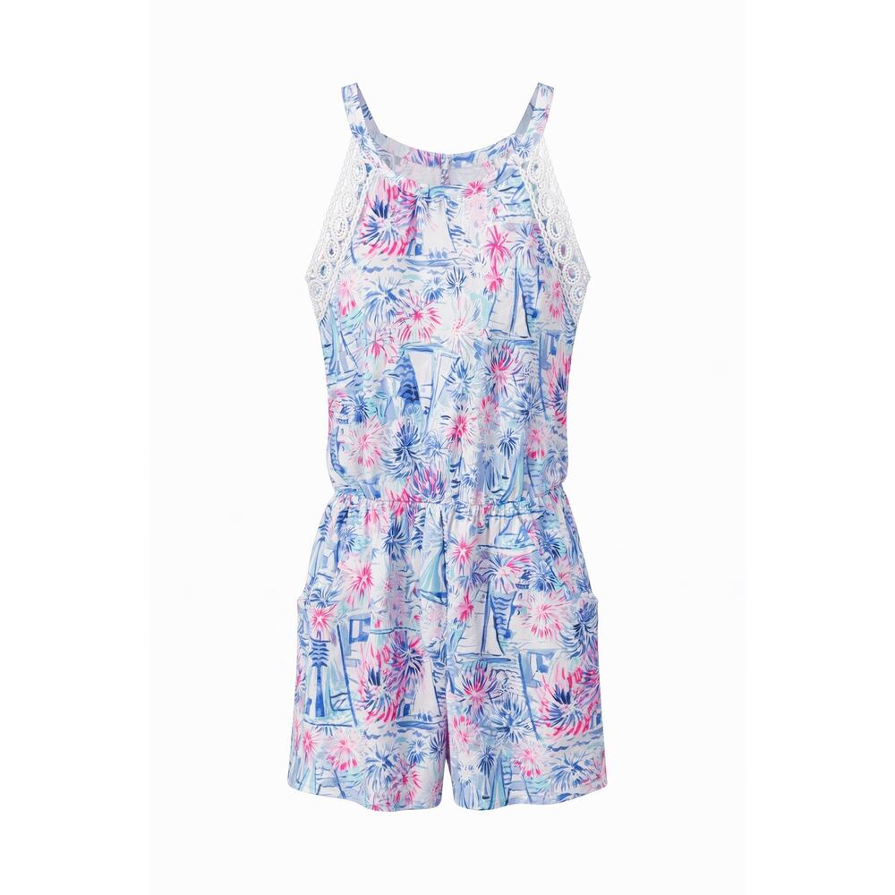 Lilly Pulitzer Halter Romper Blue Pink Print Lace Trim - Small
